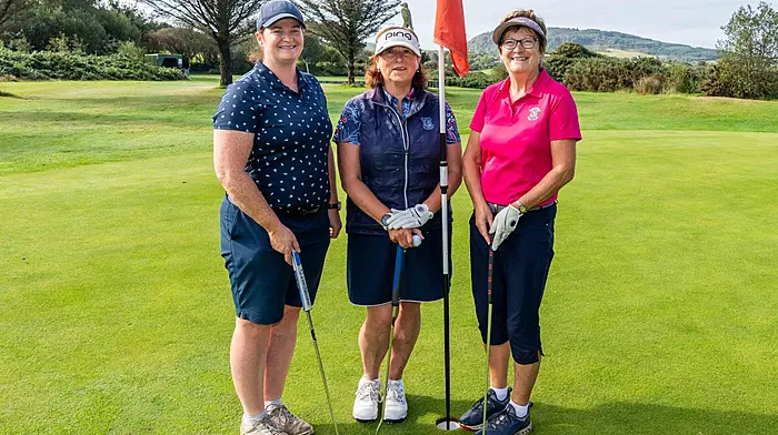 The Blueprint Financial Planning charity golf classic, organised by Blueprint owner John O'Driscoll, took place at Skibbereen Golf Course last weekend. The annual fundraiser, which is in its 7th year, has raised over €40,000 for various charities in the previous six years, with CoAction being the beneficiary this year. Pictured after holing out on a green are Louise McGloughlin, Mary Crowley and Maura Dwyer, all Skibbereen.   (Photo: Andy Gibson)