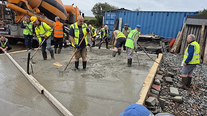 Last Friday members of the Clonakilty Men’s Shed pulled together to help with the pouring of the concrete base for their new workshop which they plan to erect next spring.