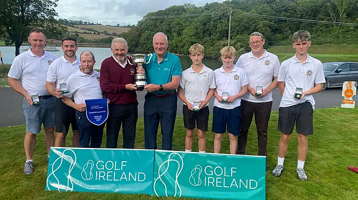 Dave Prendergast from Golf Ireland presenting the 2026 Munster Country Club’s pendant and cup to Clonakilty Golf Club’s team manager, Jim Scannell, at Raffeen Golf Club.