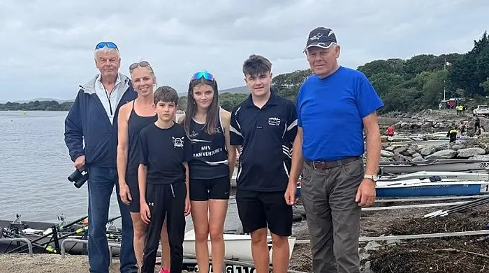 Three generations of Castletownbere rowers at the Kenmare Regatta. From left: Paddy O’ Sullivan, Susan Power, Dara Power, Sophie Power, Oran Byrne and Dan O’Sullivan.