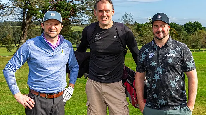 Graham Clarke, Gavin Jeffery and Liam Deasy, all from Skibbereen, enjoying their game at the Blueprint Financial Planning charity golf classic.  (Photo: Andy Gibson)