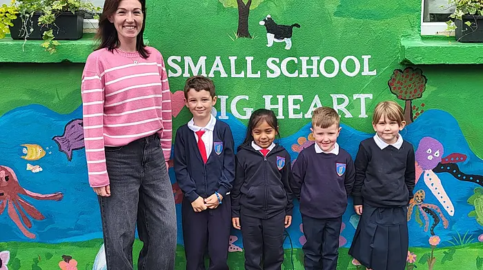 Muinteoir Stacey with her class on their first day back at school at Dromclough National School.