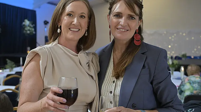 Locals Geraldine Curtin (left) and Claire O'Rourke enjoying the ‘Catwalk Extravaganza’ event which was recently held at the Clonakilty Agricultural College, Darrara, in aid of Cancer Connect and the Timoleague community.    (Photo: Martin Walsh)
