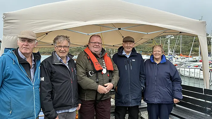 Ted O'Sullivan (Bere Island tour guide),  Colum Harrington (director, Bere Island Projects Group), Cllr Danny Crowley (chair, West Cork Municipal District), Barry Hanley (Bere Island tour guide) and Teresa Hall (director, Bere Island Projects Group) at the recent visit of the cruise ship Hebridean Sky to Bere Island, which was facilitated by Bere Island Projects Group.