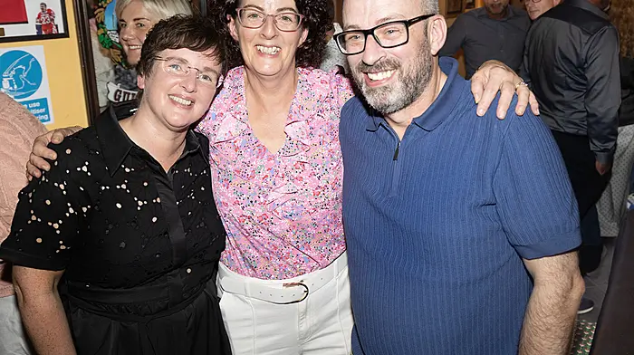 Olivia Cahalane, Ann Sweeney and Kieran O’Mahony at  Bishop Galvin Central School 's class reunion for pupils who started school in the years of 1976, 77, 78, 79 and 1980. The reunion was held at O’Mahony’s Bar.    (Photo: Donie Hurley)