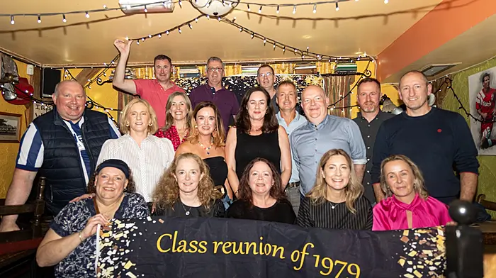 Those who started Bishop Galvin Central School in 1979 at the reunion which was held last Saturday night at O’Mahony’s Bar.    (Photo: Donie Hurley)