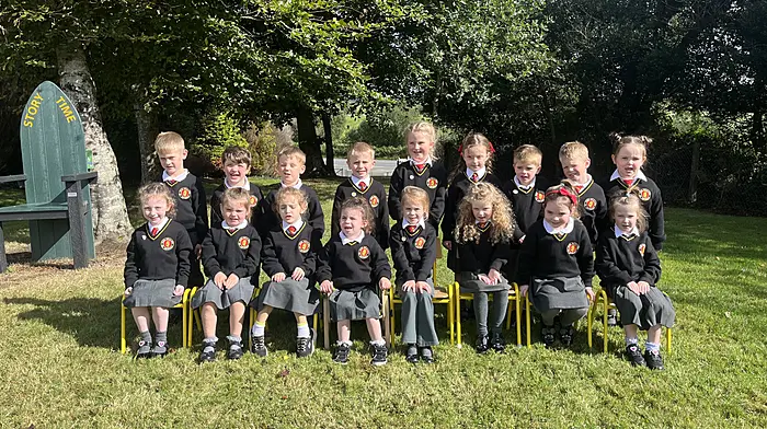 Caheragh National School welcomed its junior infants to school last week; Archie Mortimer, Alice Harnedy, Alex Daly, Áva Leigh Casey, Daithí O'Connor, Ellen Harnedy, Hugh O'Sullivan, Indie O'Driscoll, James Murphy, Libby Harnedy, Oisín Barry, Pearl O'Driscoll, Poppy Casey, Saoirse O'Farrell, Sarah Harrington, Shauna Ryan and Siún O'Sullivan.