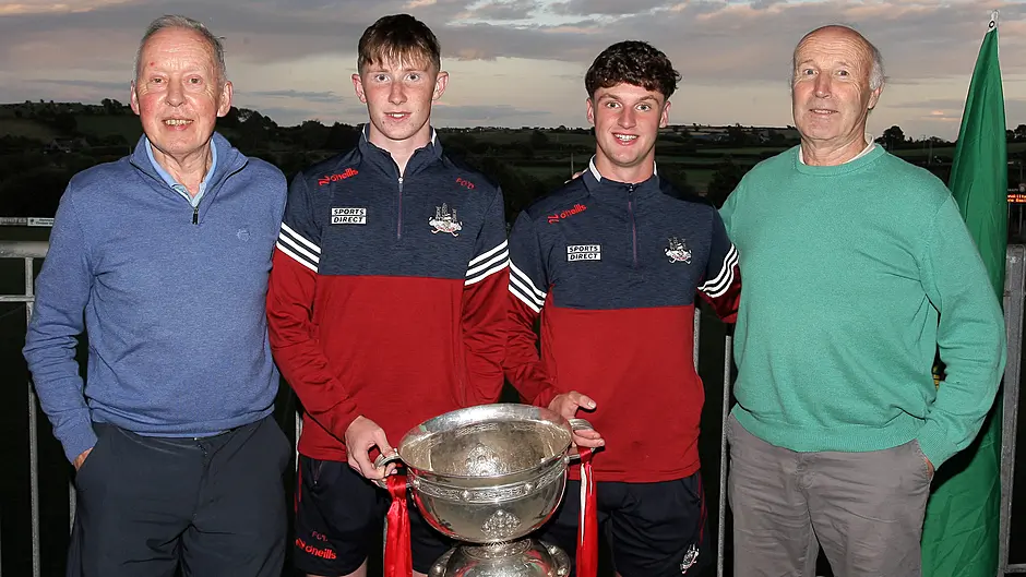 Fionn O'Donovan and Tom Whooley with former Cork minors Dave McCarthy and Pa McCarthy. (Photo: Paddy Feen)