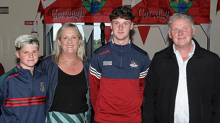 Cork minor footballer Tom Whooley with his parents Darragh and Jean and his brother Aidan.  (Photo: Paddy Feen)