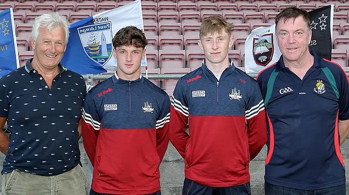Tom Whooley and Fionn O'Donovan with Clonakilty's Cork minors from the 1991 team, Eoin O'Mahony and Tom Mannix.  (Photo: Paddy Feen)