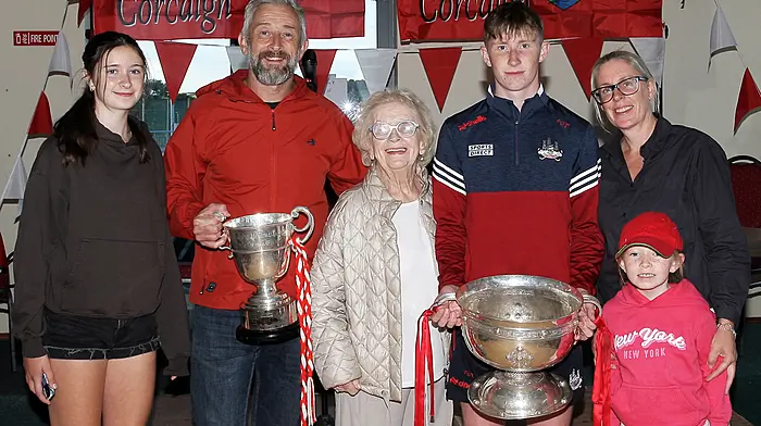Cork minor footballer Fionn O'Donovan with his parents Kevin and Sinead, his grandmother Mary O'Donovan and sisters Matilda and Emmy.  (Photo: Paddy Feen)