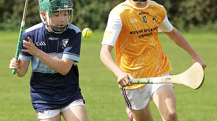 Clonakilty Community College's Seán Kennedy and Hamilton High School's James Deasy in action. (Photo: Paddy Feen)