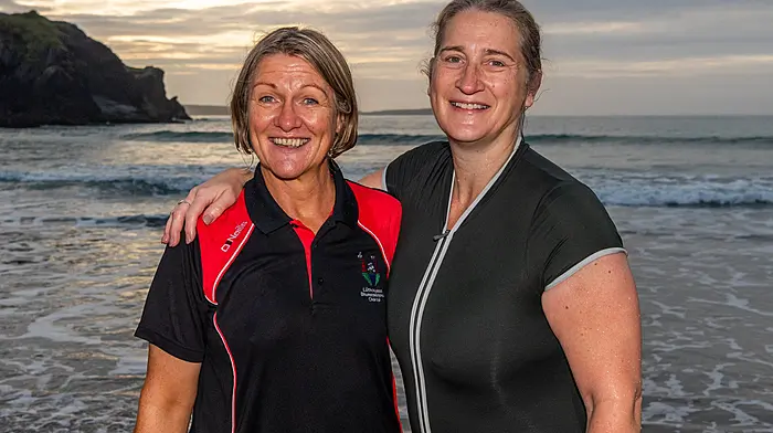 Rosscarbery, West Cork, Ireland. 20th Sept, 2026. A sunrise swim was held this morning at The Warren Beach in Rosscarbery. The swim was held in memory of Leah Murphy, who was stillborn 17 years ago this month. The event was hosted by Leah's mother, Caroline Murphy. Pictured after the swim are Eileen O'Donovan, Rosscarbery and event host, Caroline Murphy. Picture: Andy Gibson.