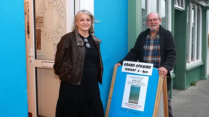 Pictured at the launch of the Land & Sea exhibition at The Blue House Gallery, Schull, are artist Patricia Bevan and photographer and artist Geoff Greenham. Photo by Carlos Benlayo