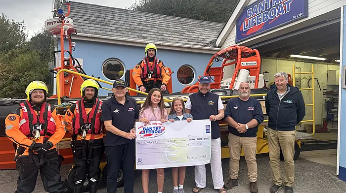 Congratulations to Amelia and Sophia Quish from Glengarriff on their impressive fundraising efforts for Bantry Lifeboat. Together they raised €2,100 by completing a combined 10km open water swims during the BISRA GaddinAbtGarnish events in July and August, and they were thrilled to officially present the cheque to the Bantry Lifeboat crew recently.