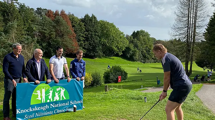 Martin Kelleher (Clonakilty Golf Club), with Johnnie Walsh (principal, Knockskeagh National School), Denis Murphy, and Aidan McCarthy (deputy principal, Knockskeagh NS) looking on as Munster rugby star and past pupil, Conor Ryan, officially launches the Knockskeagh National School golf classic.