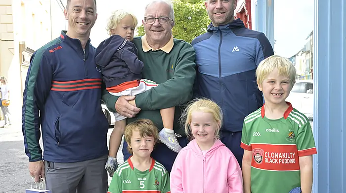 Locals out and about in Clonakilty were, back: Kevin Quinlan, Louis Quinlan, Jim Quinlan and Alan Dromey. Front: Freddy Quinlan, Aoibhín Dromey and Donnacha Dromey. (Photo: Martin Walsh)