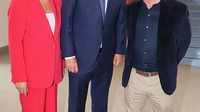 School principal Sheila welcomed An Taoiseach Micheál Martin with Tommy Gunning, the school's former principal, at the Ballinspittle National School's official opening.