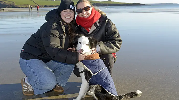 At Inchydoney were Aoibhinn Barrett and Grace Horgan with Ogie from Clonakilty.  (Photo: Denis Boyle)