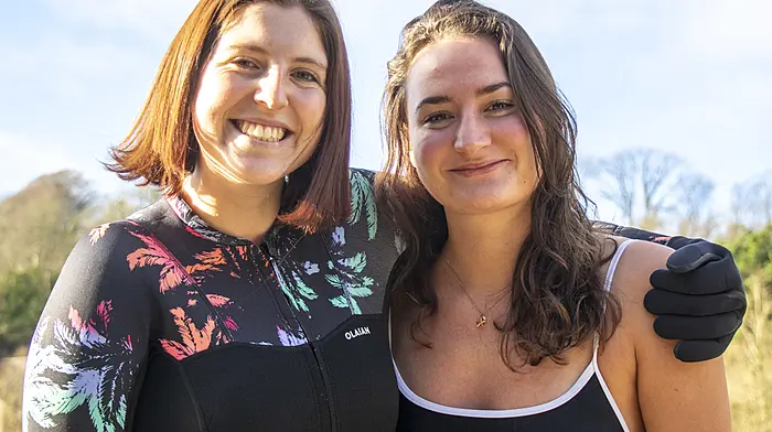 Isabella Murphy and Molly Goulding ready for the Glandore Harbour RNLI New Years Swim. (Photo: Andrew Harris)