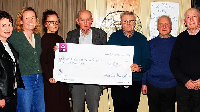 Members of West Cork Vintage Club recently presented a cheque for €6,000 to West Cork Palliative Care as a tribute to former member Seán O’Neill at the Brewery Bar in Clonakilty. The money was collected from three vintage runs which the club organised in the past few months. Included are Eibhlís and Sinéad O’Neill, Pauline Farr (West Cork Palliative Care) and West Cork Vintage Club members Fachtna O’Callaghan, Ger Buckley, Pat Joe O’Donovan and Michael McCarthy.