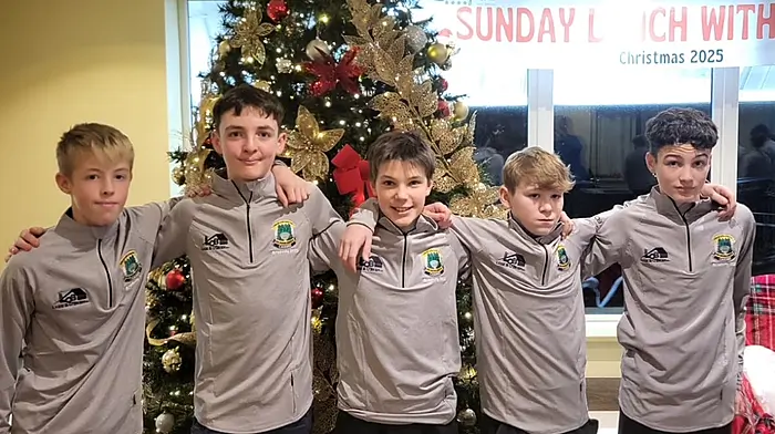 Oran Quirke, Ruairi O’Donovan, Matt Murphy, Eddie O'Sullivan and Eoin McCarthy, Bantry Blues players celebrating their year of football at the Carbery U13 Academy Awards night which was held recently at the Westlodge Hotel. The players were presented with training tops by Cork minor captain Cathal McCarthy on the night.