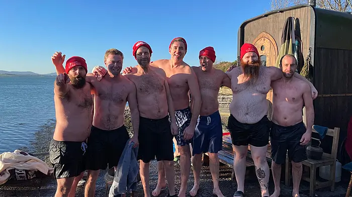 Jay Cornish, Ciarán Seawright, Maarten La Haye, Steve G, Simon Allen, Tadhg Myler and Will Donaldson, with the Badger Sauna at the Snave Pier Christmas Day swim.