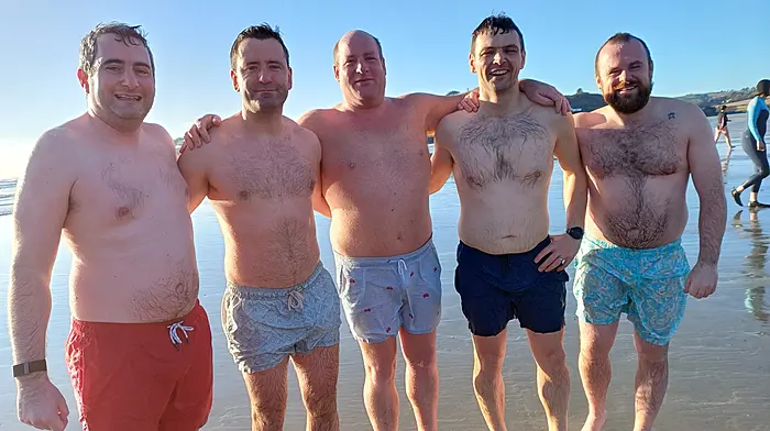 Clonakilty men John Tanner, Liam Anthony White, Tim Halpin, James O'Brien and Ciaran Cainan all took part in the Christmas Day swim at Inchydoney in support of Fr John Kingston's mission in Mozambique.