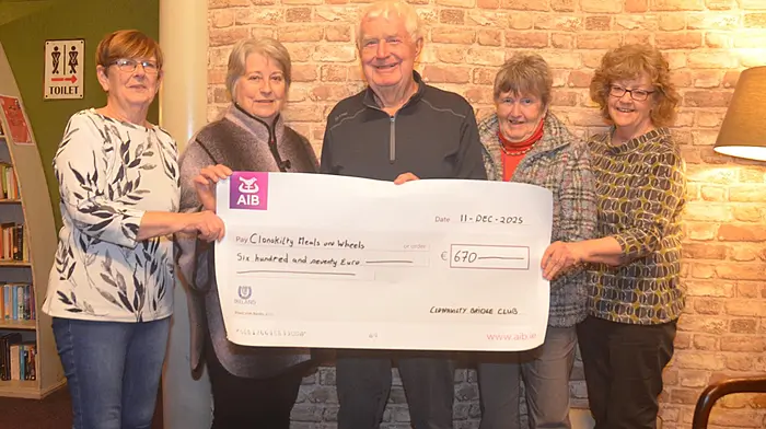 A cheque was recently presented to Clonakilty Meals on Wheels on behalf of Clonakilty Bridge Club. From left: Bernie Harrington and Norma O'Sullivan (Meals on Wheels), Colm Quirke (president, Clonakilty Bridge Club) and Bridget Guest and Josephine Kelly (Meals on Wheels).