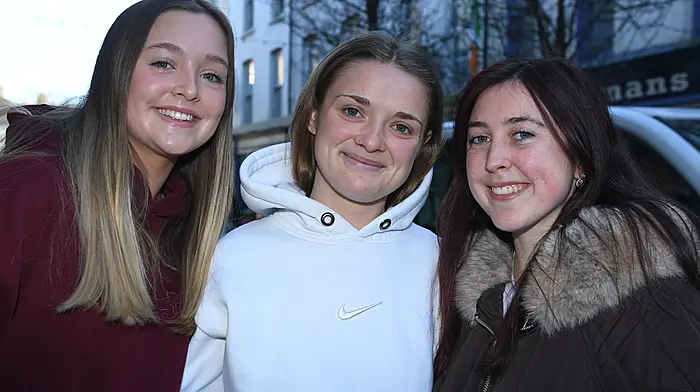 Friends Annabel Cannon, Ava Barry and Karla O'Hare, all from Clonakilty, met up in Pearse Street.   (Photo: Martin Walsh)