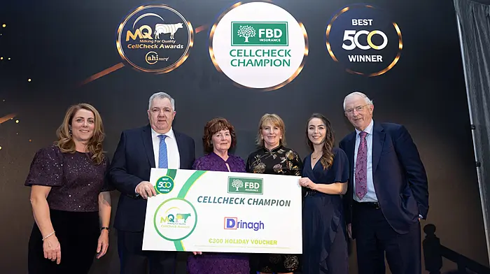 At the CellCheck milk quality awards ceremony in Naas, Couunty Kildare were (from left): Finola McCoy and James Lynch of Animal Health Ireland, Mary Hayes and her sister Frances O'Sullivan, Ciara Sheehan of Drinagh Co-op and Michael Berkery of FBD Trust (sponsors of the awards).