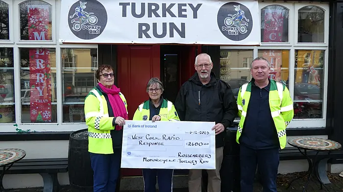 A turkey run donation of €2,680 was presented to West Cork Rapid Response in Rosscarbery from the Rocky Road Men's Shed’s motorcycle outing. From left: Betty Hennessy, Kate Crowley, Daithí Wright and Liam Slattery. To date Daithí and his crew have contributed over €10k to WCRR, which is very much appreciated.