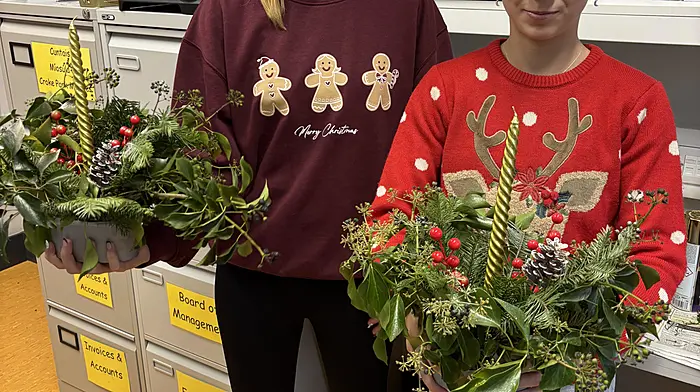 Ciara Cottrell and Maya O’Flynn with their lovely homemade Christmas arrangements in sixth class at Rath National School.