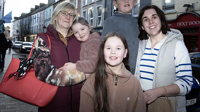 Mary Hobbs, Dunmanway (left) with Róise, Jack, Saorla and Karina Hayes, all from Ballinhassig, on a trip to Clonakilty.  (Photo: Martin Walsh)