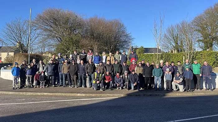 Road bowlers from Newcestown, Béal na Bláth and Templemartin before the fundraising score from Newcestown to Béal na Bláth last Saturday. A sum of €600 was raised for a local charity.