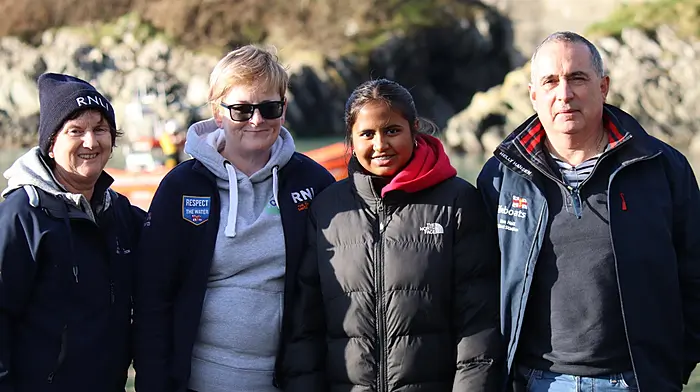 Mary Jacinta Casey (organiser/fundraiser), Pamela Deasy (press officer RNLI), Kara Kelleher and John Kelleher (lifeboat operations manager) at the Glandore New Year’s Day swim that was held in aid of the local RNLI.