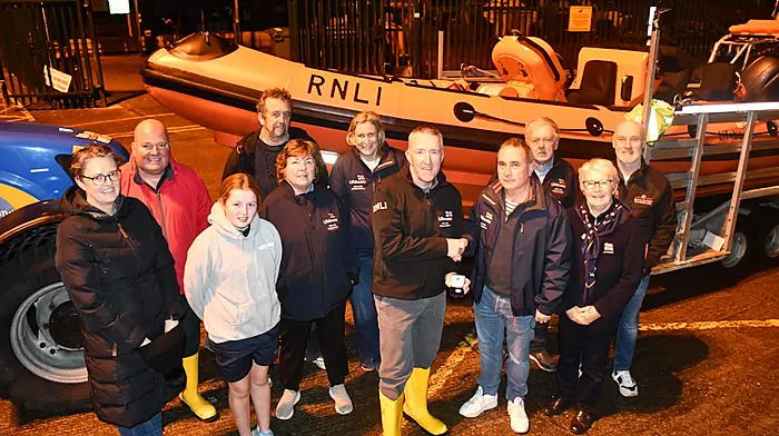John Kelleher, lifeboat operations manager at  Union Hall RNLI, made a special presentation for a 20 Year Service Award to Peter Deasy, launch authority at Union Hall RNLI.  Included in the photo are members of Union Hall RNLI, Ríona and Ada Casey, Anthony Walsh, Mary O'Donovan, Kevin Percy, Nicola O'Donovan, Billy White, Harriet O'Regan and Noel Murray of Murray Bros Tarmacadam.  (Photo: Anne Minihane)