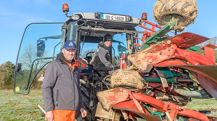 Liam and Laoise O'Driscoll from Kilbrittain with their Massey Ferguson 5711 tractor and Kverneland plough.  Laoise competed in the U23/U28 reversible class at the Macroom annual ploughing match which was the fourth event of the 2025/2026 season in the Cork West region and which was held on the lands of Angela Leonard at Teergay, Kilbarry, Macroom.  (Photo: David Patterson)