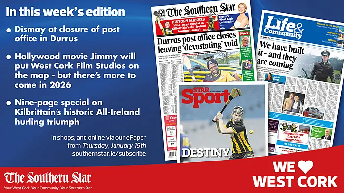 THE SOUTHERN STAR IS IN STORES NOW: Dismay at closure of post office in Durrus; Hollywood movie Jimmy will put West Cork Film Studios on the map; Nine-page special on Kilbrittain’s historic All-Ireland hurling triumph Image