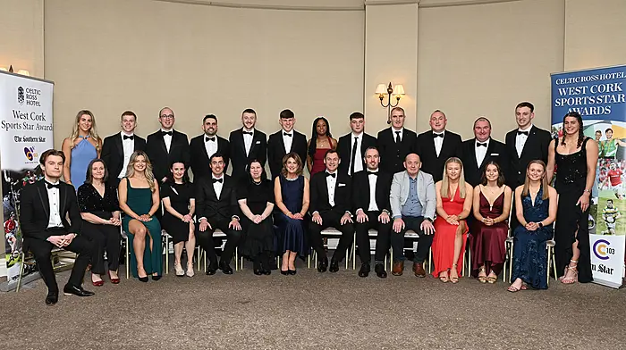 Enjoying the 2025 West Cork Sports Star Awards in the Celtic Ross Hotel, Rosscarbery were, front from left, Jake McCarthy, Mary Barrett representing her daughter Moira Barrett, Abbie Salter-Townshend, Michelle Duggan, John Paul McNamara (adjudicator, C103), Ann Downey (manager, Celtic Ross Hotel), Helen Wycherley (Celtic Ross Hotel), David Gillick (special guest), Kieran McCarthy (Adjudicator and Southern Star Sports Editor), Niall Cahalane representing Damien Cahalane, Allie Tobin, Leah Carey and Caoimhe Flannery.  Standing, from left, Kate Wall, Philip Wall, Joe Ryan, Richard O'Regan, Chris Collins, Jack Cullinane, Adaora Nnaemeka, Shane Crowley, Graham Canty, Barry Glavin, William Williamson, Ian Jennings and Nicola Tuthill, who was subsequently crowned the 2025 West Cork Sport Star of the Year.  (Photo: Martin Walsh)