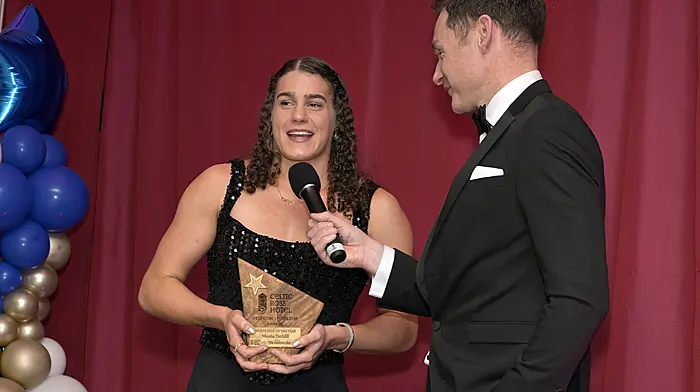 Special guest David Gillick chats to 2025 West Cork Sports Star of the Year Nicola Tuthill after she was crowned overall winner.(Photo: Martin Walsh)