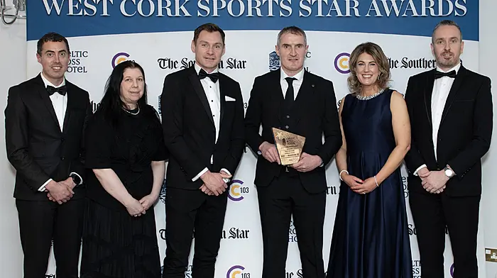 Hall of Fame recipient Graham Canty with, from left, John Paul McNamara (C103), Ann Downey (manager, Celtic Ross Hotel), David Gillick (special guest), Helen Wycherley (Celtic Ross Hotel) and Kieran McCarthy (Sports Editor, Southern Star). (Photo: Martin Walsh)