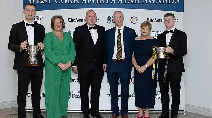 Captains (extreme left and right), club secretaries and club chairpersons (centre) of the Club of the Year (Kilmacabea) and Team of the Year (Kilbrittain) enjoying the awards; from left, Kilmacabea's Ian Jennings, Narelle Jennings and Barry Glavin with Kilbrittain's Dermot Hayes, Marion Twohig and Philip Wall. (Photo: Martin Walsh)