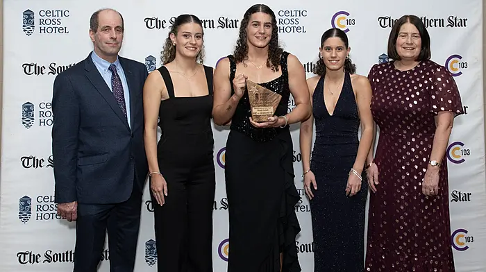 2025 West Cork Sports Star Award winner Nicola Tuthill celebrates with her parents, Norman and Colette, and sisters Olivia and Aoife. (Photo: Martin Walsh)