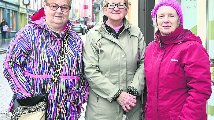 Dancing friends Marion Reynolds (Newcestown), Marian O'Regan (Clonakilty) and Mary Coakley (Clonakilty) having a chat near Astna Square in Clonakilty.  (Photo: Martin Walsh)