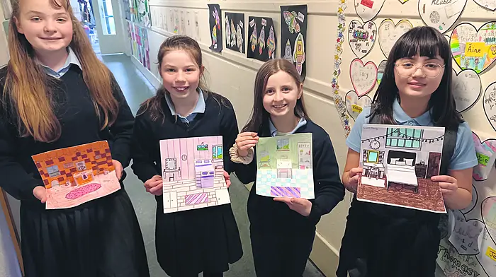 MaryAnn Forsythe, Monica Callanan, Leah Cooke and Sienna Cheung at Reenascreena National School with their pop-out art inspired by Van Gogh's 'Bedroom at Arles'.