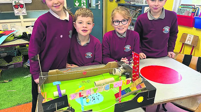 Roisín O’Driscoll, Daniel Casey, Sofia Lee and Rory Keane with their wonderful 3D playground model made from recycled products as part of a project in first and second class at Rath Natioinal School.