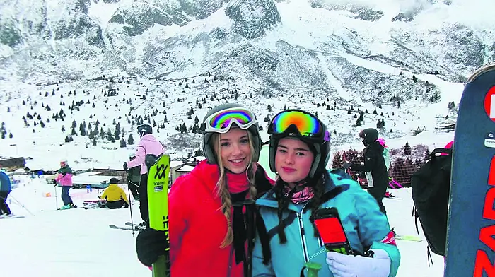 Annalee Barry and Heidi Hogan, Transition Year students from Schull Community College, enjoying a ski trip to Ponte di Legno in Italy.