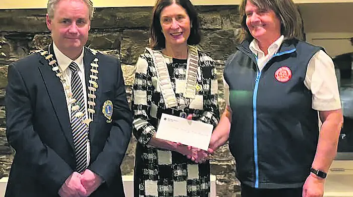 Cormac Fitzgerald, president of Kinsale Lions Club, recently presented Kinsale and District Community First Responders with a generous donation at the Trident Hotel in Kinsale. From left: Cormac Fitzgerald, Marion McGreevy (district governor, Lions Club Ireland) and Caroline from First Responders.