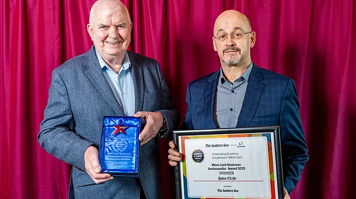 Denis O’Driscoll and Tom Kearney of Spice O’Life were presented with the West Cork Business Ambassadors 2025 award.